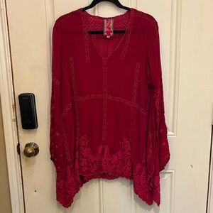 Johnny Was Red Embroidered floral and birds boho Tunic